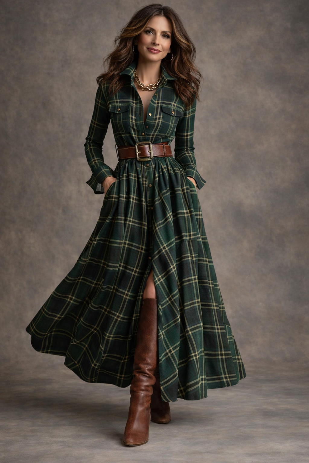 Beatriz - Vestido largo de cuadros con cinturón