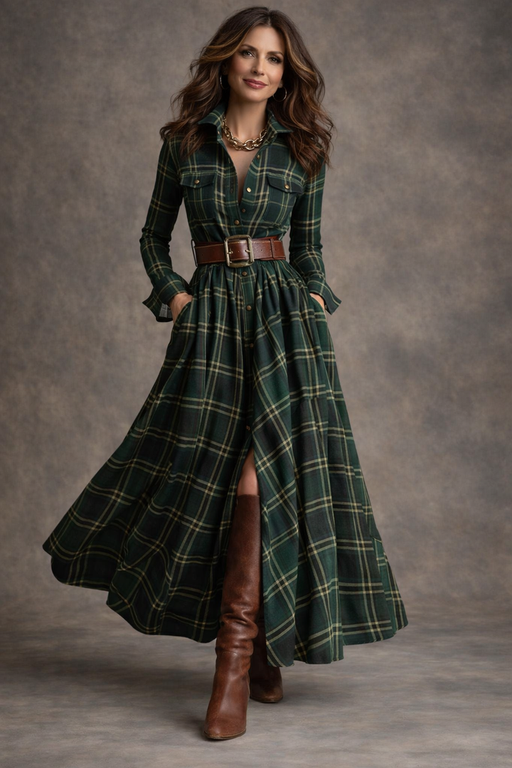 Beatriz - Vestido largo de cuadros con cinturón