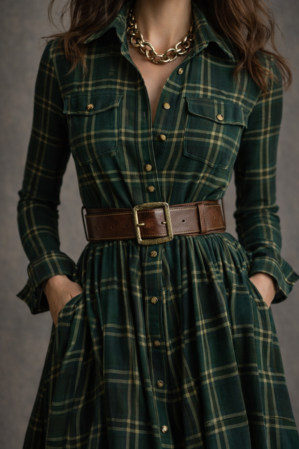 Beatriz - Vestido largo de cuadros con cinturón