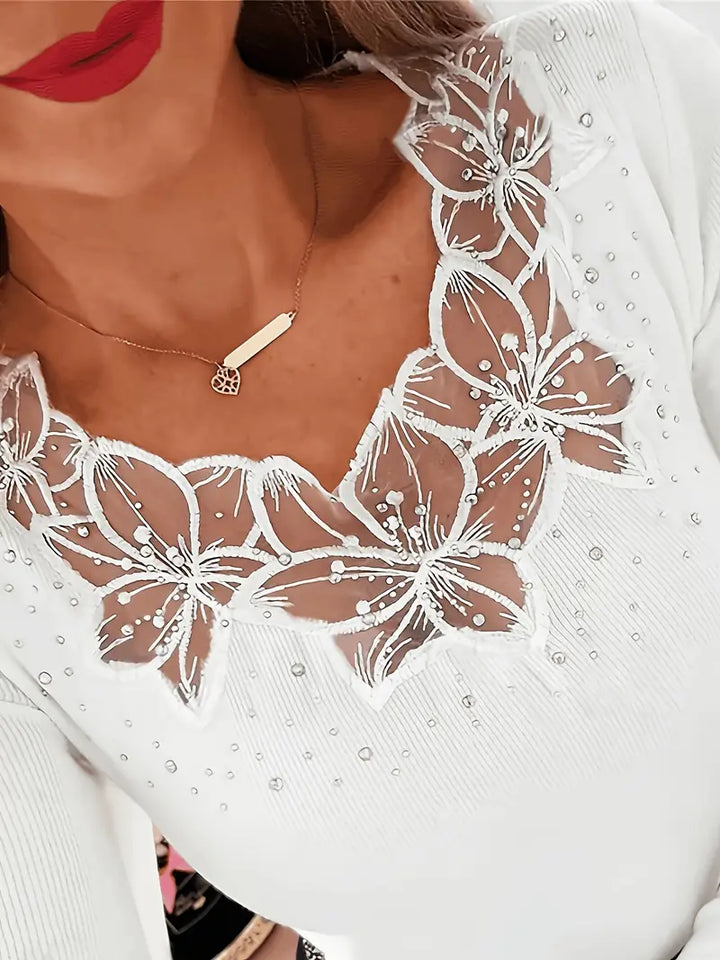 Elena™ – Elegante jersey con cuello en V e inserciones de encaje